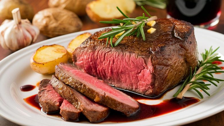 A sous vide steak on a plate with potatoes and rosemary