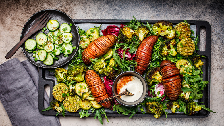 Vegetable salad in sheet pan with roasted veggies