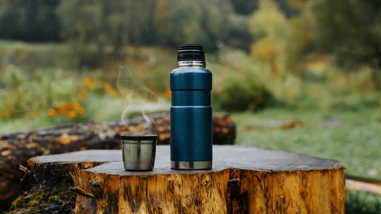 Steaming cup with thermos in nature