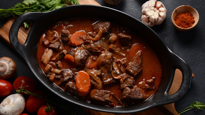 pot of beef bourguignon made with red wine