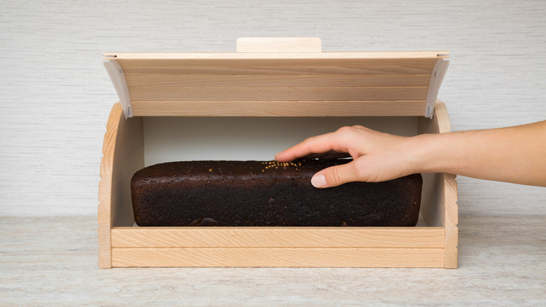 A person's hand rest on a loaf of rye bread inside an open bread box