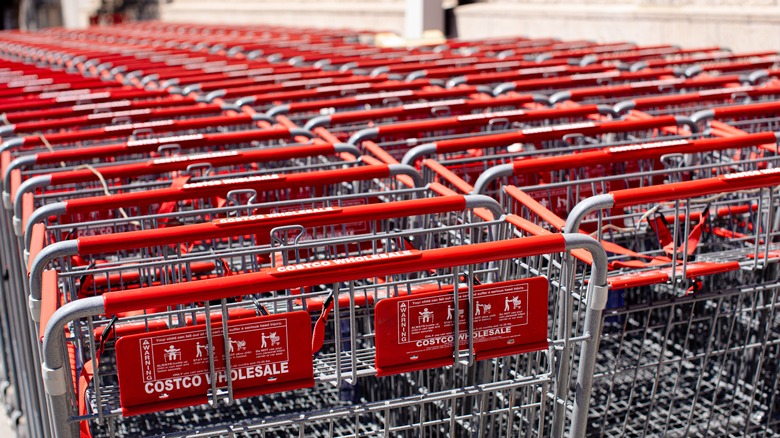 An array of Costco shopping carts sit outside the warehouse