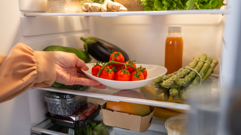 A home cook storing a plate of tomatoes in the fridge