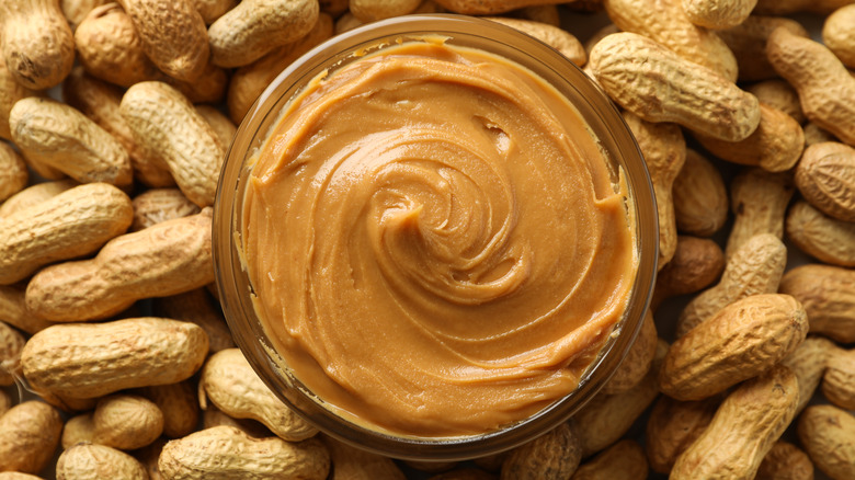 A bowl of peanut butter over peanuts
