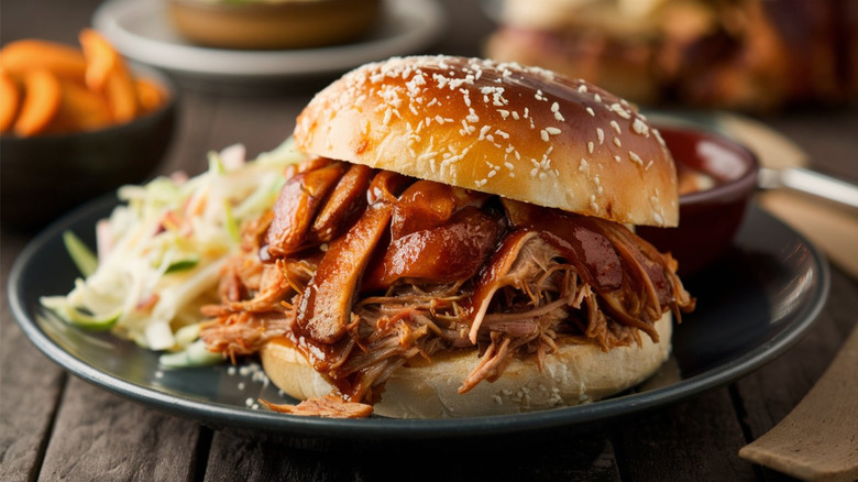 A pulled pork sandwich rests on a plate beside some fresh slaw