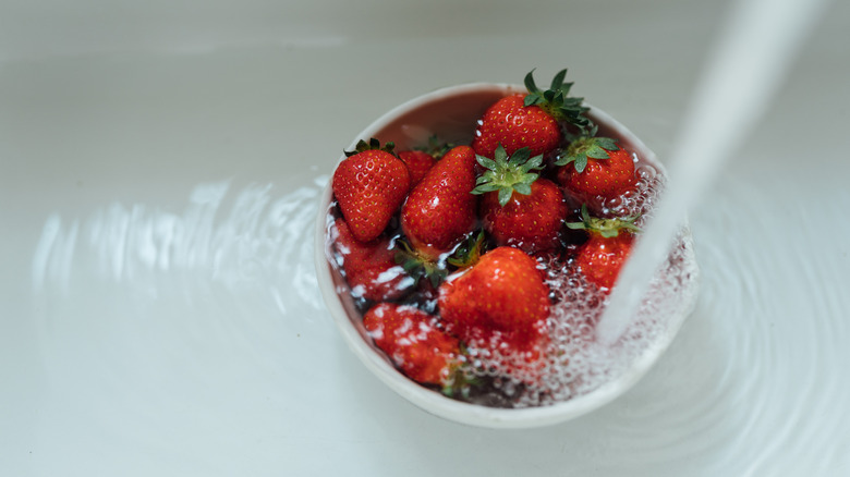 Bowl of strawberries in a sink