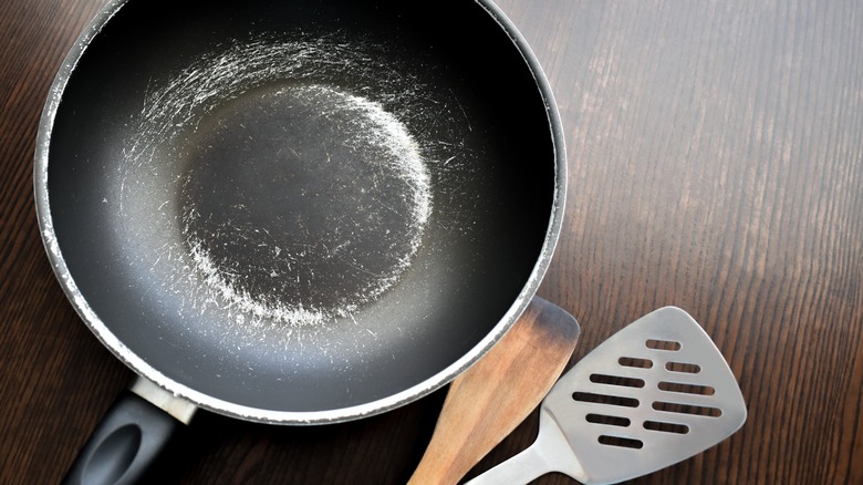 A scratched non-stick pan