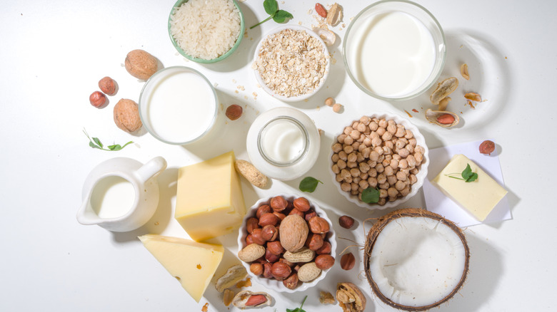 An array of vegan non-dairy product substitutes are displayed.