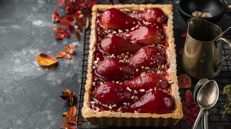 Red wine poached pear pie