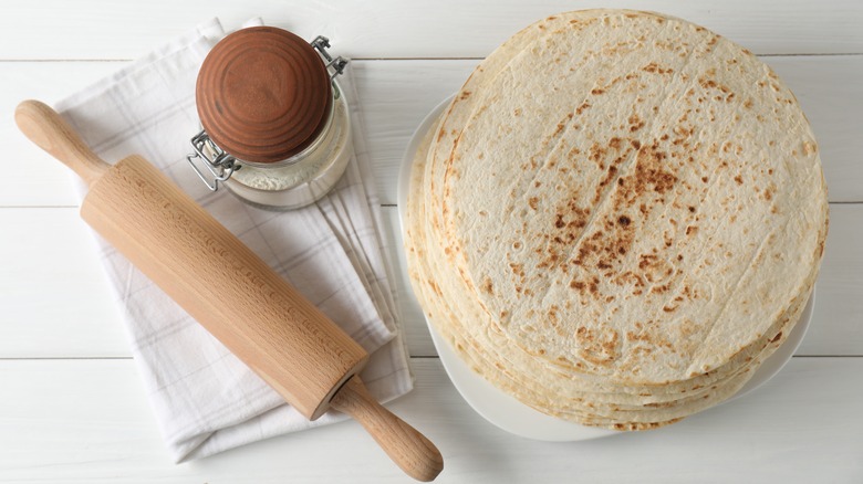 Homemade tortillas with rolling pin