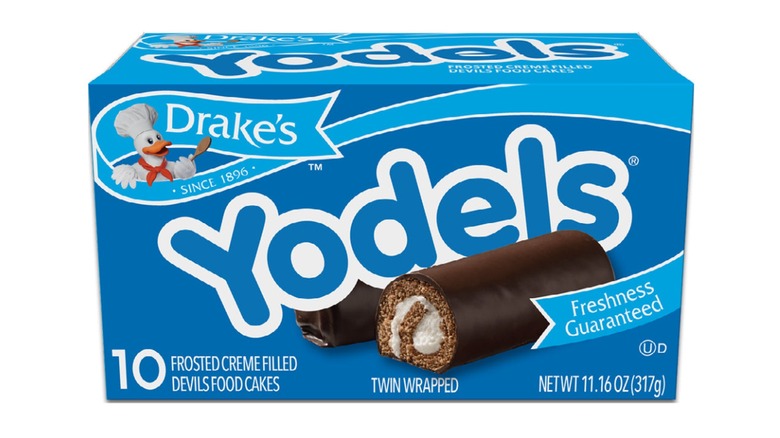 Box of Yodels by Drake's Cakes sits on a white background