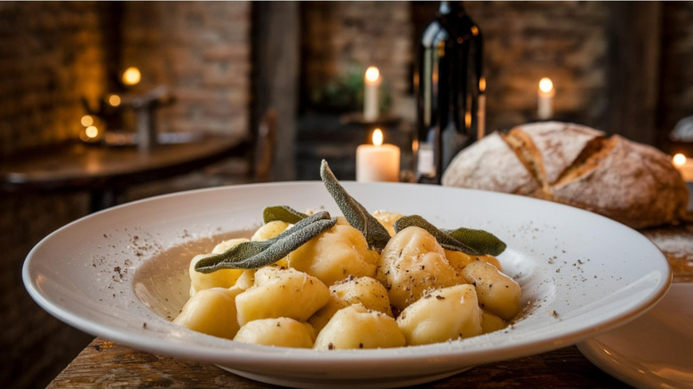 A bowl of gnocchi in a rustic restaurant lightly garnished with herbs