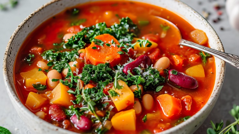 Minestrone soup in a white bowl