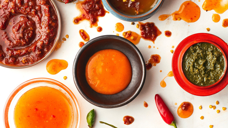 Various sauces, spices, and blends on a table