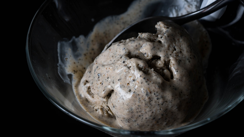 A bowl of grayish brown ice cream is speckled with black flecks