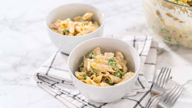 Simple pasta salad in white bowls