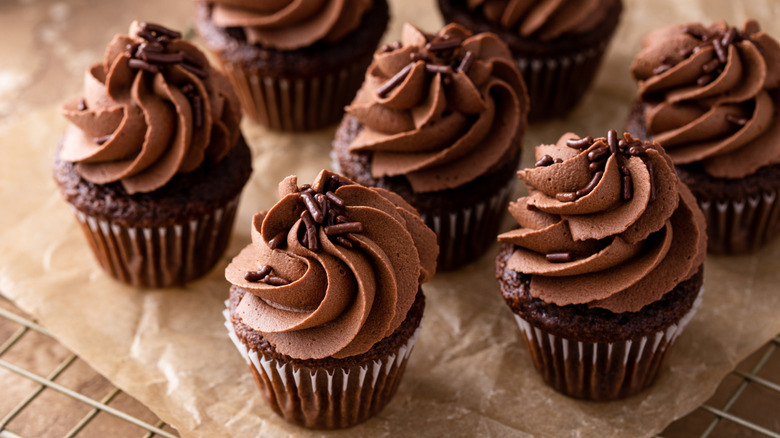 Chocolate cupcakes topped with whipped chocolate ganache