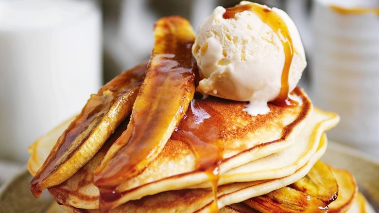 Bananas foster pancakes with ice cream