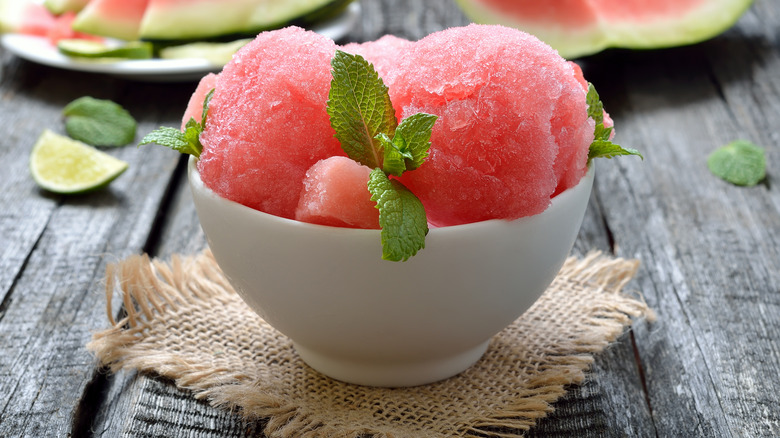 watermelon sorbet garnished with mint