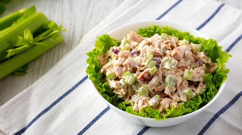 Chicken salad with lettuce in bowl