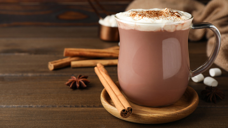A cup of hot chocolate with cinnamon sticks
