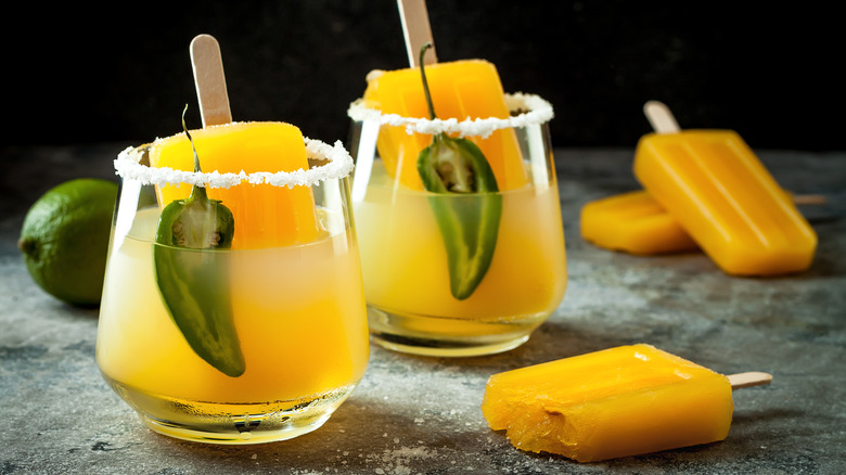 mango ice pops in mango cocktail glasses