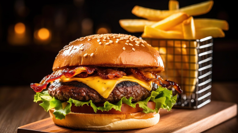 juicy burger with cheese and bacon sits in the foreground with basket of fries behind it