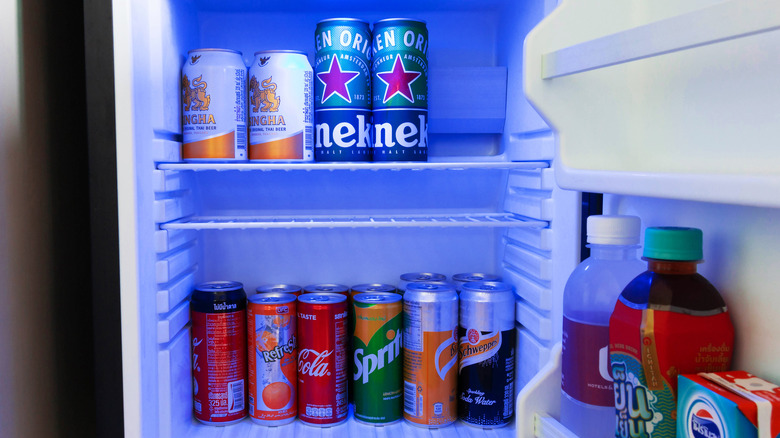 Sodas and beer in mini fridge