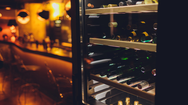 Bottles of wine in wine fridge