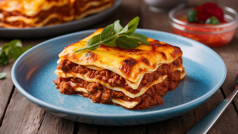 Serving of lasagna topped with fresh basil on a blue plate