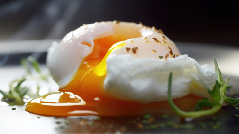 A close-up of a perfectly poached egg, split open with yolk pouring out, surrounded by micro greens garnish and topped with salt and pepper.