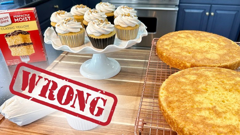 Boxed yellow cake and cupcakes