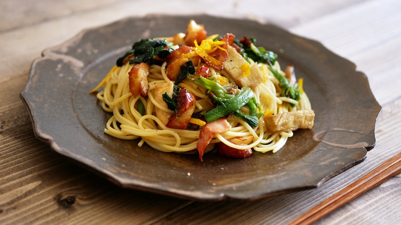 Spaghetti with yuzu, tofu, and vegetables