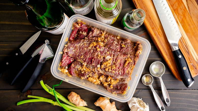 Steak marinating in ginger, garlic, soy, and sake