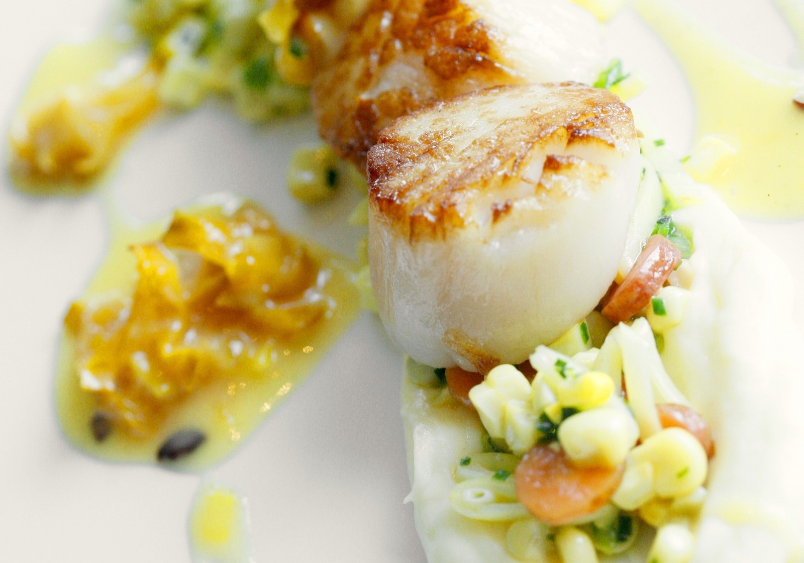 Seared Scallops With Carambola Sauce, Parsnip And Succotash - Food Republic