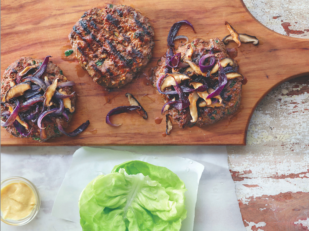 grilled bison burgers with caramelized onions and crispy shiitakes